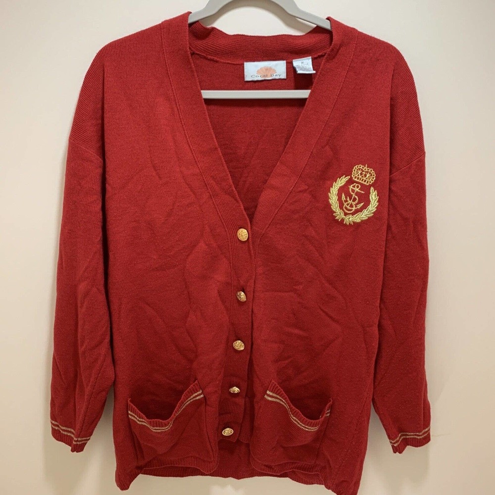Vintage Coral Bay Button Up Red Sweater embroidered ~ Sz M~ Long Sleeve